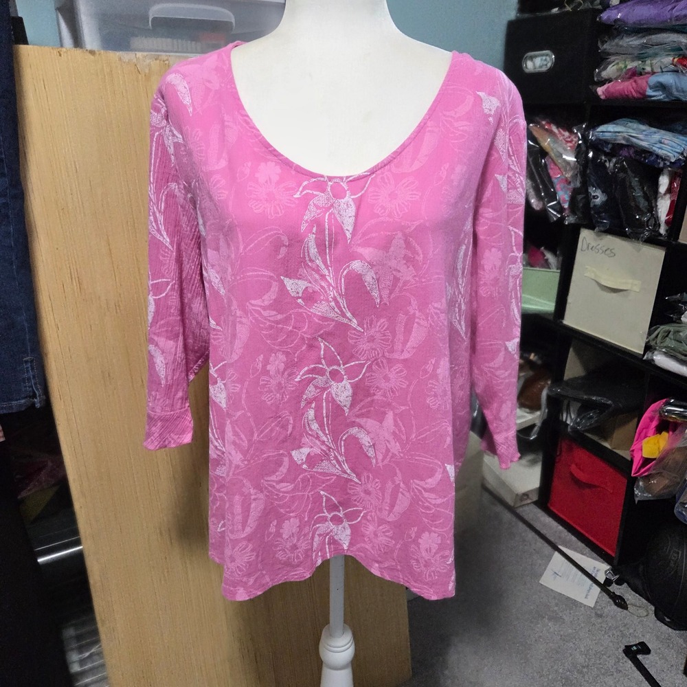 Sun Bay Floral Print Top 3/4 Sleeve V-Neck Blouse Pink‎ Women's Plus Size